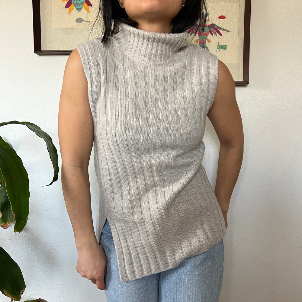 Vince Wool‎ Cashmere Ribbed Sleeveless Turtleneck Sweater Gray XS Asymmetrical